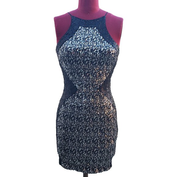 Dress the Population Sequin Dress Small Black Silver Halter Mini Bodycon - Picture 1 of 7
